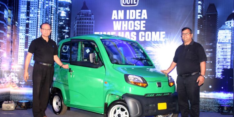 Bajaj Auto officials Prashant R Ahir (L) and Mukesh Kumar Tiwari during the launch of Qute in Bhubaneswar, Thursday