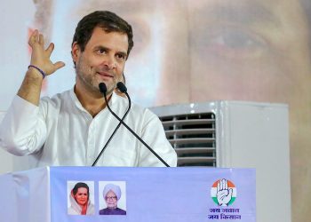 Jaipur: Congress President Rahul Gandhi addresses during the party function 'Sanvad' at Ramleela Maidan in Jaipur, Tuesday, March 26, 2019. (PTI Photo)