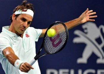 Roger Federer in action during the match against Denis Shapovalov