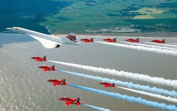 Its 10 Years since the last flight of the Concorde supersonic flight. This is a pic of the Concorde with the Royal Airforce fleep of Red Arrows. (TWITTER)