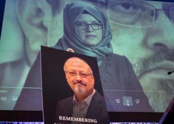 A video image of Hatice Cengiz, fiancee of slain Saudi journalist Jamal Khashoggi, is played during an event to remember Khashoggi. (AP)