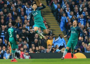 Son Heung-min (centre) scored three of Tottenham's four Champions League quarter-final goals against Manchester City (AFP / Lindsey PARNABY)