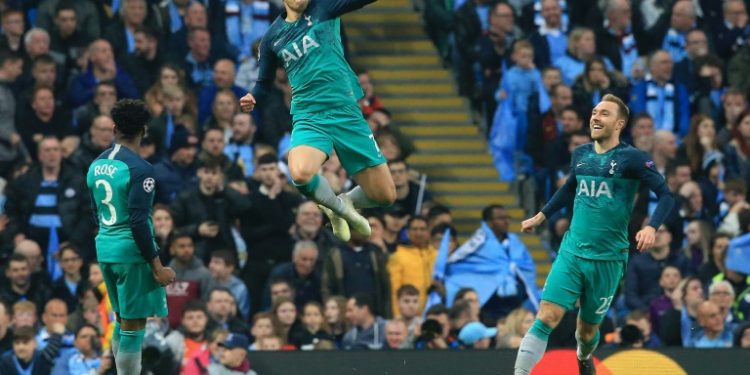 Son Heung-min (centre) scored three of Tottenham's four Champions League quarter-final goals against Manchester City (AFP / Lindsey PARNABY)