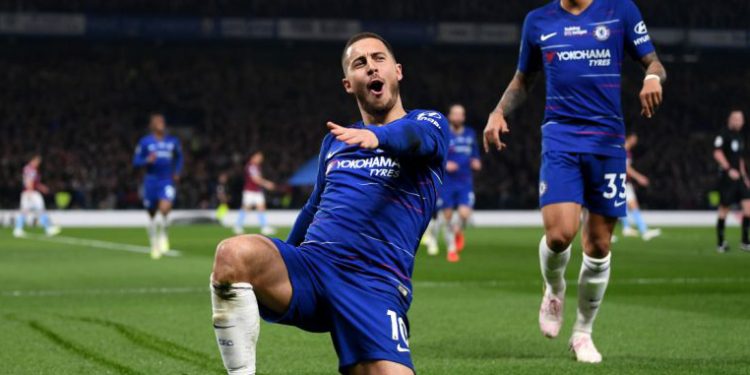 Eden Hazard celebrates after scoring the first goal for Chelsea against West Ham