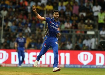 Hardik Pandya celebrates after dismissing a CSK batsman in Mumbai, Wednesday