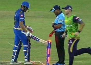 Rohit, after being adjudged LBW during the second innings Sunday when his side was chasing a massive 233 against KKR at the Eden Gardens, broke the stumps with his bat.