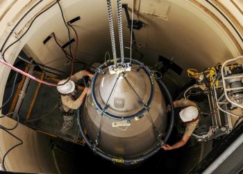 Airmen prepare a re-entry system for removal from a launch facility, Feb. 2, 2018, in the F. E. Warren Air Force Base missile complex. (Airman 1st Class Braydon Williams/Air Force via AFP)