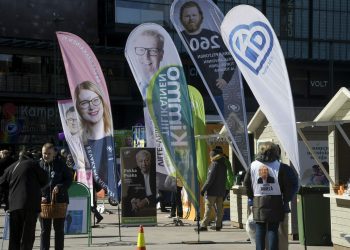 Different parties campaigning for parliamentary elections on the Narinkkatori Square in Helsinki, Finland, on Friday, April 12, 2019. The election day of the Finnish parliamentary elections is on Sunday, April 14, 2019. (Markku Ulander/Lehtikuva via AP)