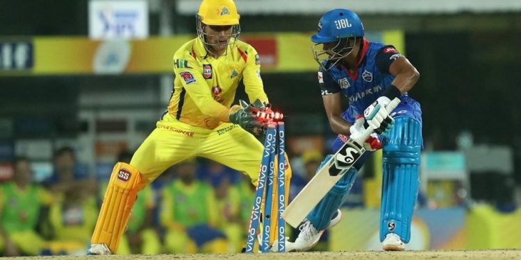 MS Dhoni in action against Delhi Capitals, Wednesday.