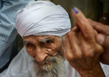 Bachan Singh after casting his vote, Sunday