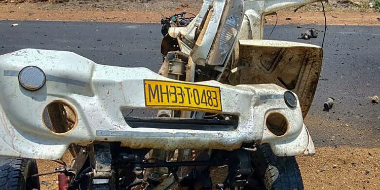 The mangled remains of the police vehicle which was blown up by Maoists