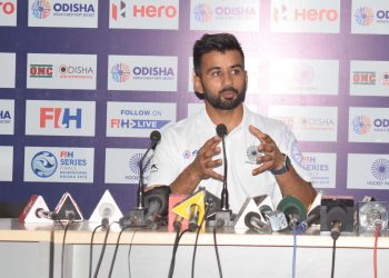 Captain of the Indian men's hockey team speaks to the media at the Kalinga Stadium, Tuesday