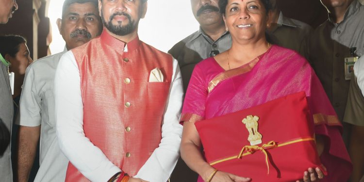 Finance Minister Nirmala Sitharaman and MoS Anurag Thakur arrive at Parliament to present the Union Budget 2019-20