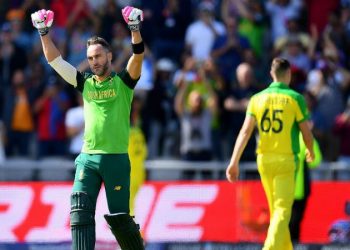 Faf du Plessis celebrates after reaching his century against Australia