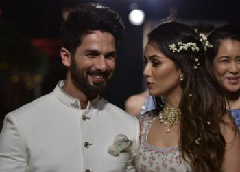 Mumbai: Actor Shahid Kapoor with his wife Mira Rajput walk the ramp for fashion designer Anita Dongre during the Lakme Fashion Week Summer/Resort 2018 in Mumbai on Jan 31, 2018. (Photo: IANS)