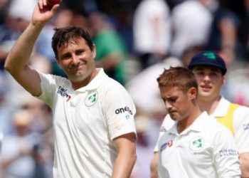 Ireland's Tim Murtagh reacts after England's first innings