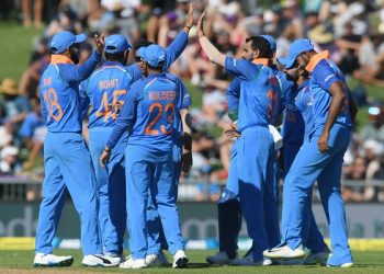 NAPIER, NEW ZEALAND - JANUARY 23: Indian players celebrate during game one of the One Day International series between New Zealand and India at McLean Park on January 23, 2019 in Napier, New Zealand. (Photo by Kerry Marshall/Getty Images)