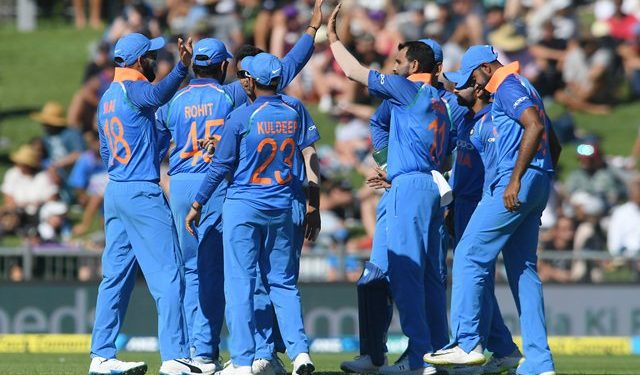 NAPIER, NEW ZEALAND - JANUARY 23: Indian players celebrate during game one of the One Day International series between New Zealand and India at McLean Park on January 23, 2019 in Napier, New Zealand. (Photo by Kerry Marshall/Getty Images)