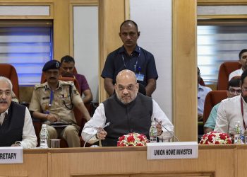 Home Minister Amit Shah, Minister of State G Kishan Reddy and Home Secretary Ajay Kumar Bhalla (L) during the review meeting, Monday