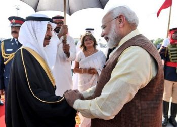 Prime Minister Narendra Modi is greeted by Prince Khalifa Bin Salman Al Khalifa in Bahrain, Saturday