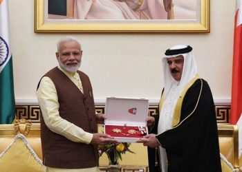 Modi, the first Indian prime minister to visit Bahrain, received the honour Saturday night when he called on the King of Bahrain.