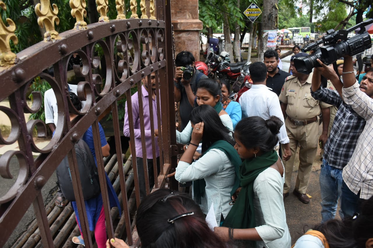 Students of Ramadevi University protest cancellation of college elections