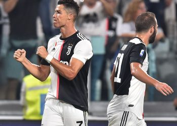 Cristiano Ronaldo celebrates after scoring for Juventus against Napoli, Saturday