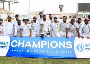 The Indian team pose for a group photo after winning the series against the West Indies
