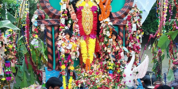 Currency garlands for goddess of snakes