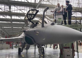 Rajnath Singh inspects a Rafale fighter aircraft at the Dassault Aviation factory in France