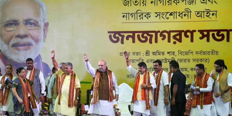 Home Minister Amit Shah along with other BJP dignitaries at the meeting in Kolkata, Thursday