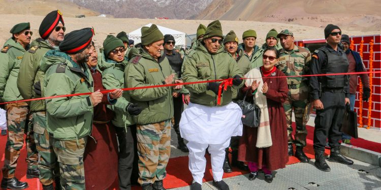 Tajnath Singh inaugurating a bridge in Ladakh, Monday