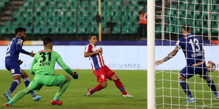 David Williams (No 9) scores the winning goal for ATK against Chennaiyin FC, Wednesday