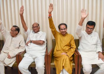 NCP chief Sharad Pawar, Shiv Sena president Uddhav Thackeray and other leaders during the meeting Tuesday in Mumbai