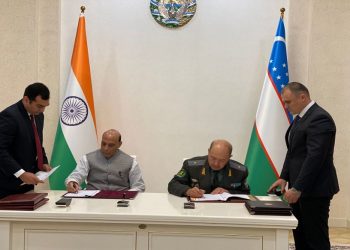 Defence Minister Rajnath Singh with his Uzbek counterpart Major General Bakhodir Nizamovich Kurbanov.