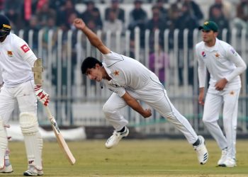 Pakistan's Naseem Shah delivers a ball