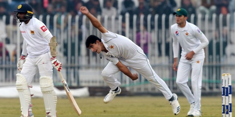 Pakistan's Naseem Shah delivers a ball