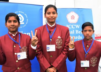 Sabita Giri, Purnima Giri and Srimati Badra pose for a photo opportunity after a press meet in New Delhi, Tuesday