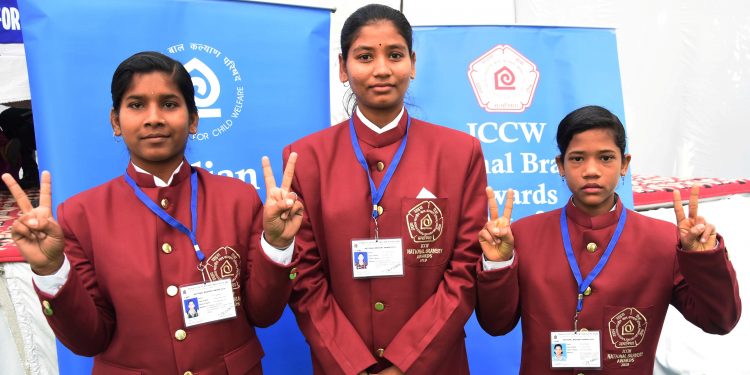 Sabita Giri, Purnima Giri and Srimati Badra pose for a photo opportunity after a press meet in New Delhi, Tuesday