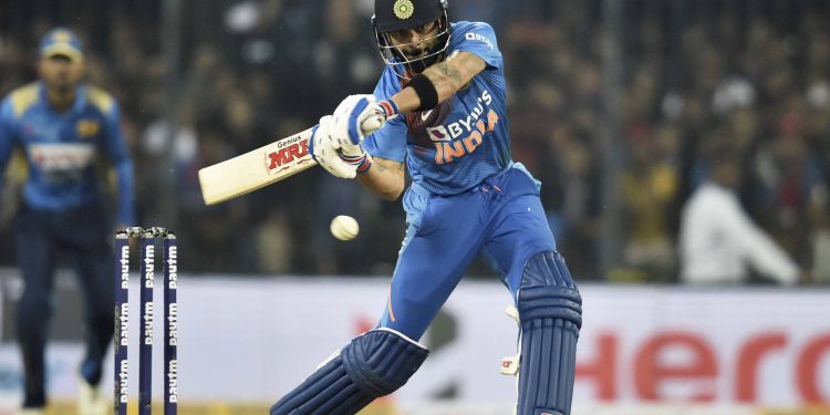 Virat Kohli plays a shot during the second T20 match against Sri Lanka, at the Holkar Cricket Stadium in Indore, , Tuesday