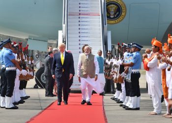 Ahmedabad: Prime Minister Narendra Modi welcomes US President Donald Trump on his arrival at the Sardar Vallabhbhai Patel International Airport in Ahmedabad, Monday, Feb. 24, 2020. Trump is on a two-day visit to India.