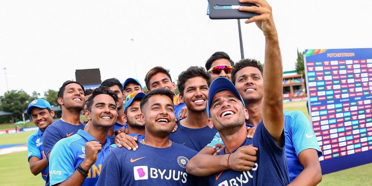 The Indian under-19 cricketers pose for a groupfie after defeating Pakistan by 10 wickets in the semifinals