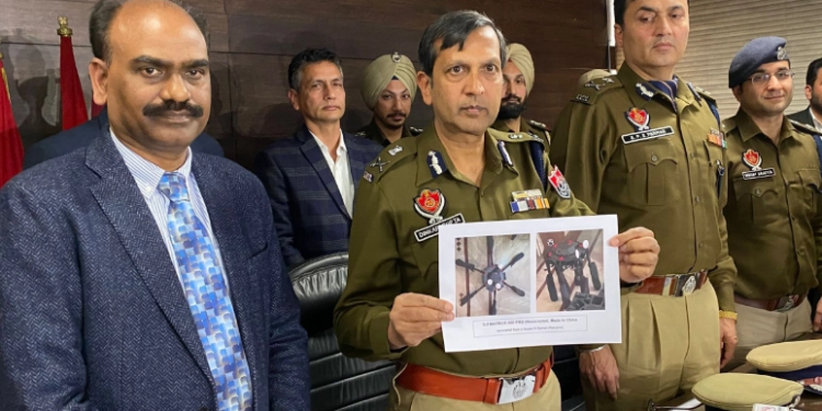 Punjab DGP Dinkar Gupta shows the image of drones used in smuggling (file photo) (Picture via Twitter)