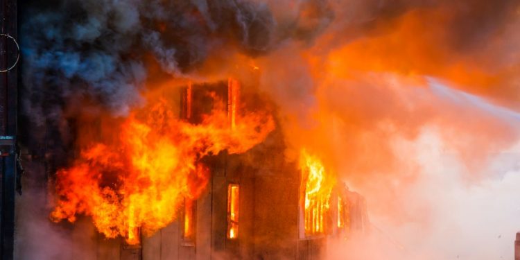 Fire in an old wooden house