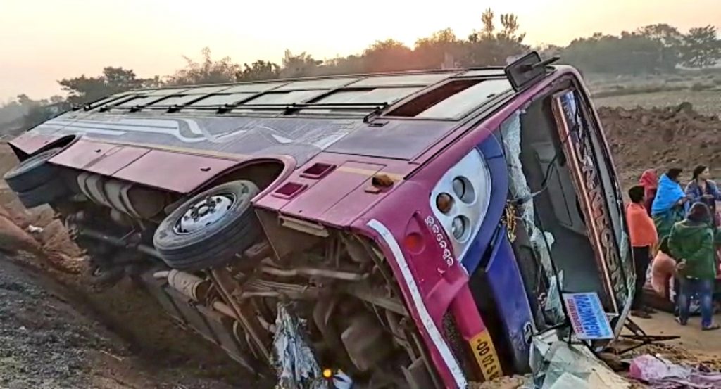 Two injured, narrow escape for 46 passengers as bus turns turtle