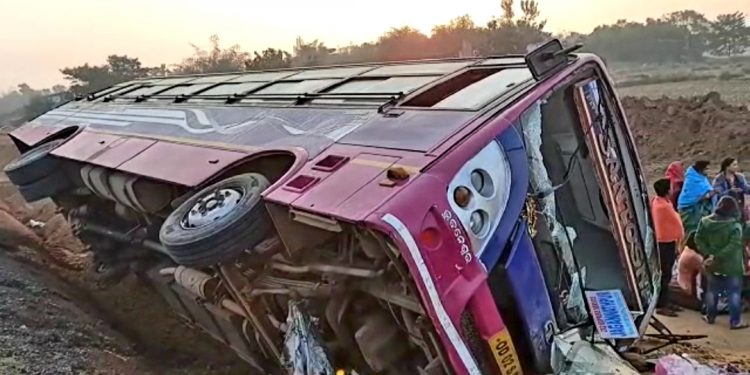 Two injured, narrow escape for 46 passengers as bus turns turtle