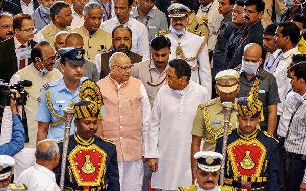 Madhya Pradesh Governor Lalji Tandon, Chief Minister Kamal Nath and others arrive for the Budget session of state Assembly in Bhopal, March 16, 2020. (PTI Photo)