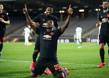 Odion Ighalo of Manchester United celebrates after scoring the first goal against Linz