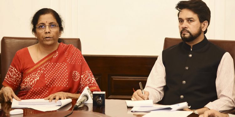 Finance Minister Nirmala Sitharaman along with MoS for Finance Anurag Thakur addresses the media