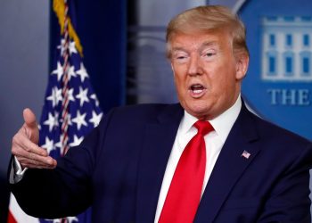 Mandatory Credit: Photo by Alex Brandon/AP/Shutterstock (10602083e)
President Donald Trump speaks about the coronavirus in the James Brady Press Briefing Room of the White House, in Washington
Virus Outbreak Trump, Washington, United States - 03 Apr 2020